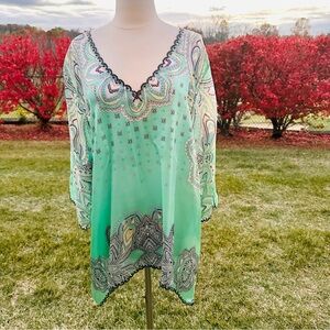 Johnny Was Plus Size Tunic Silk Floral V Neck Boho Fairy Embroidered Mint Green